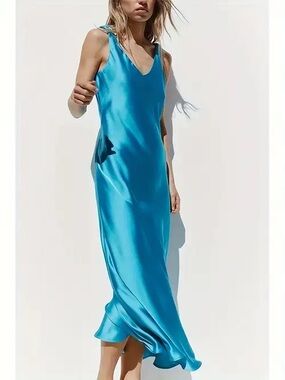 Zara Womens Midi Dress in Turquoise Satin